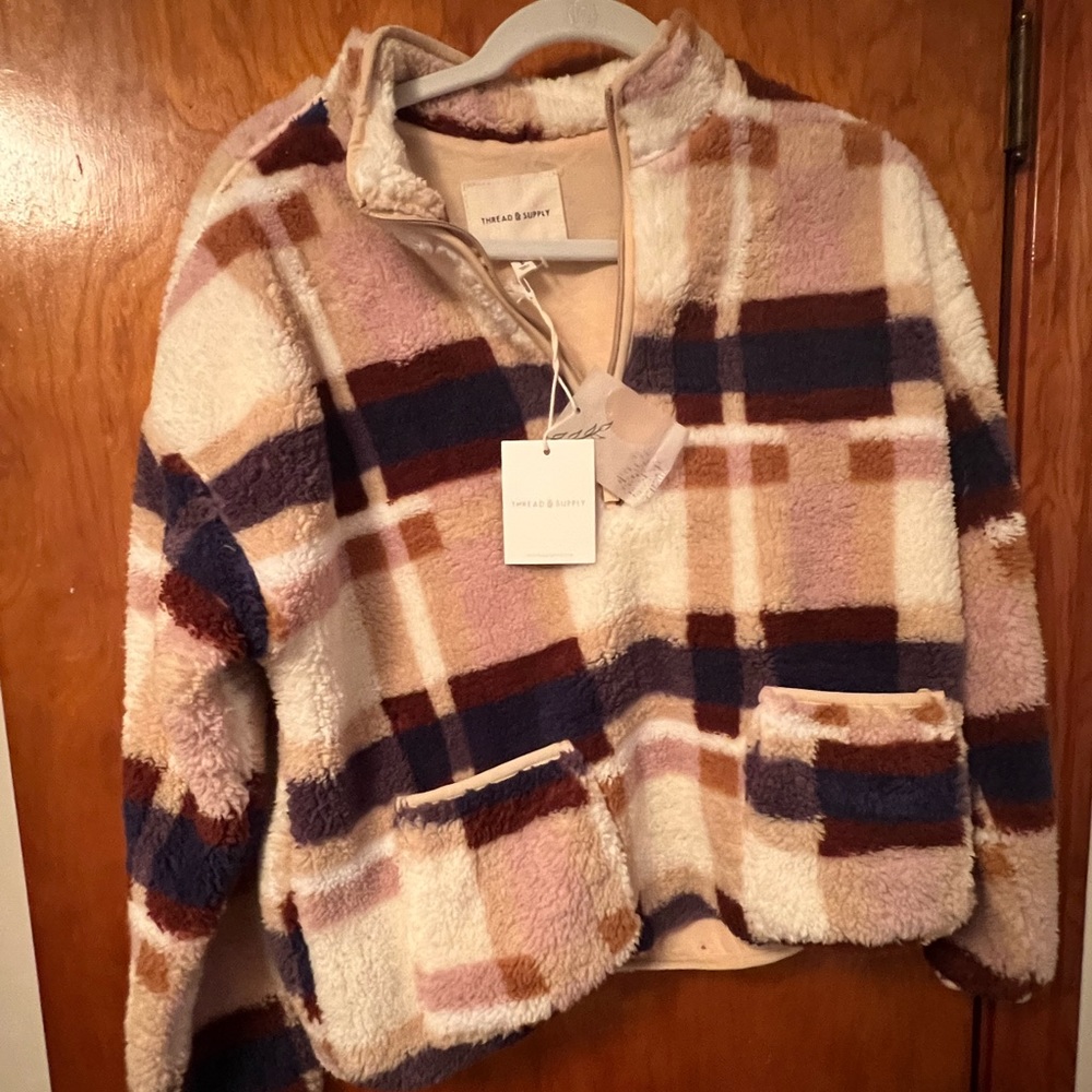 Thread & Supply Quarter Zip Plaid Faux Shearling Jacket